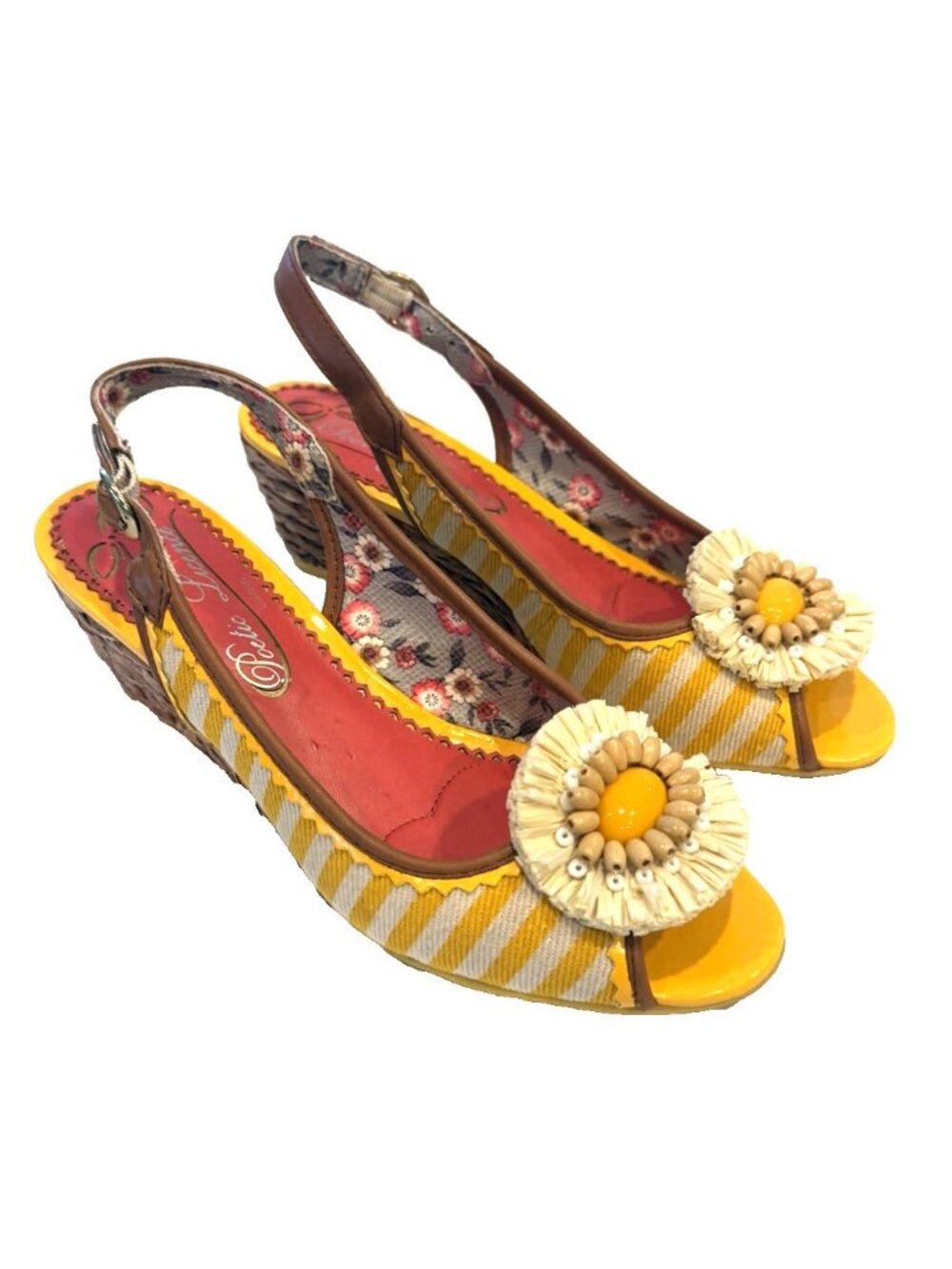 Poetic License Ava Sunshine Stripe Flower Wedge Slingback Sandals 36.5/ US 5-5.5